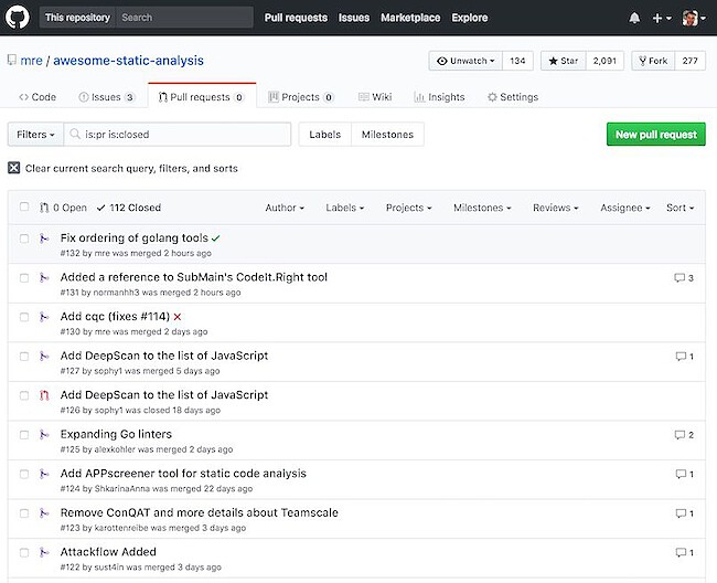 The list of Github Pull requests for awesome-static-analysis