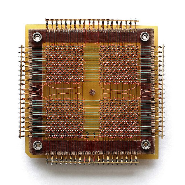 A 32 x 32 core memory plane storing
1024 bits (or 128 bytes) of data. The first core dumps were printed on paper, which sounds reasonable given these small amounts of bytes.