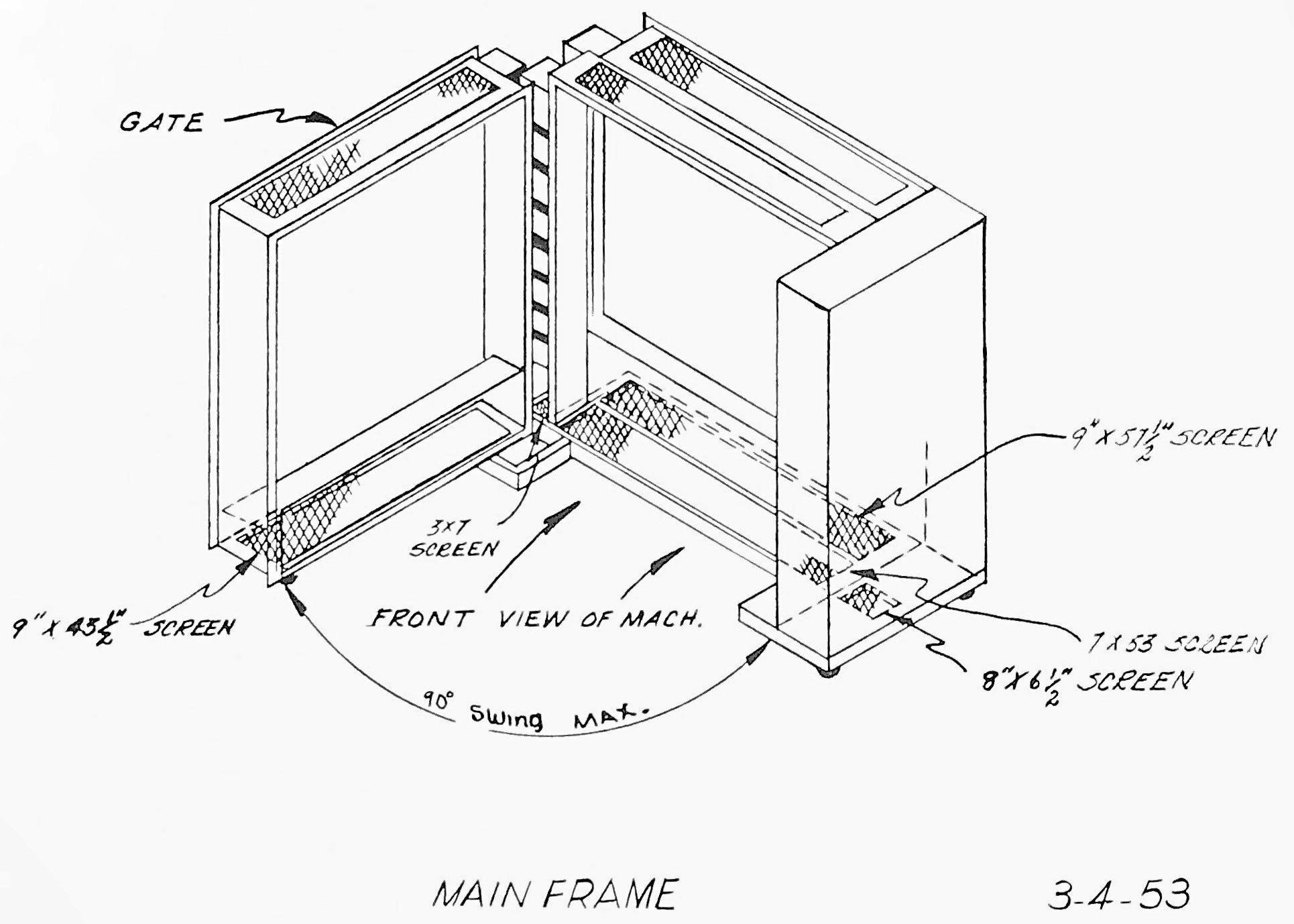 This diagram shows how the IBM 701 mainframe swings open for access to the circuitry. From 'Type 701 EDPM [Electronic Data Processing Machine] Installation Manual', IBM. From Computer History Museum archives.