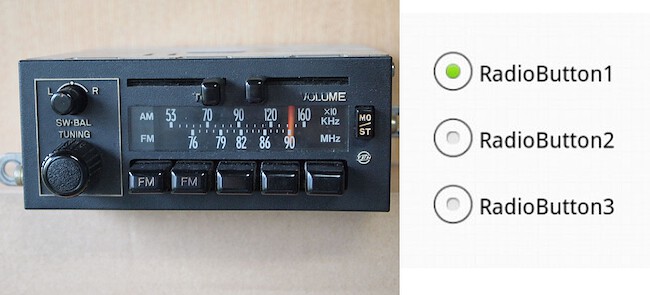 An old car radio (left) and CSS
radio buttons (right). Only a single option can be selected at any point in
time. As a kid, I would push two buttons at once so they would interlock. Good
times.