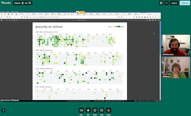 Due to the pandemic, codeprints was
entirely built remotely. More people should give [whereby](https://whereby.com/)
a try.