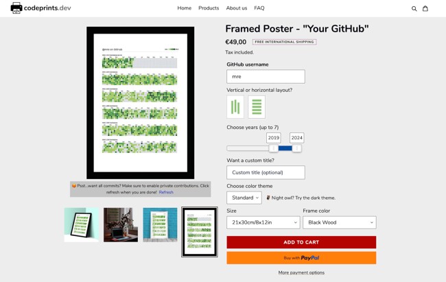 Homepage of CodePrints with my GitHub profile as a print