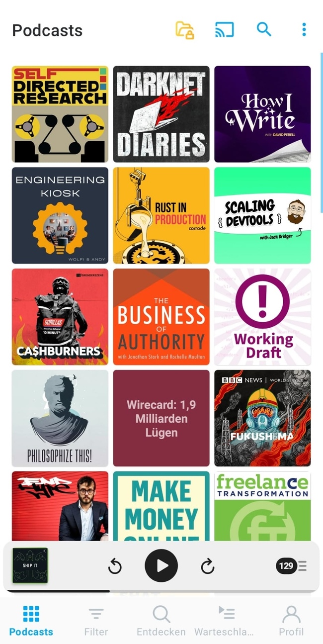 The grid of podcast covers in my podcast app