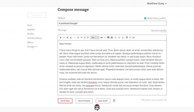 The Tinyletter compose page, showing the simplicity of the interface.