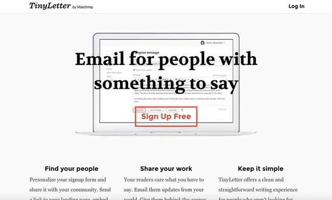 The old Tinyletter landing page, now a sad 404.