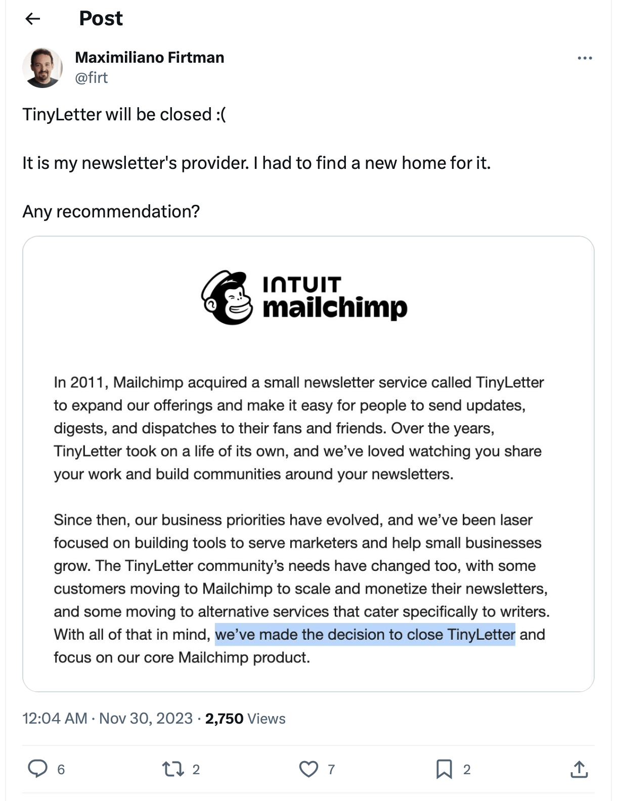 Mailchimp's shutdown announcement, late 2023.